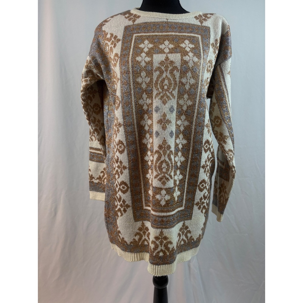 Vintage Express Metallic Damask Tunic‎ Sweater Womens Small Gold Silver Knit 90s